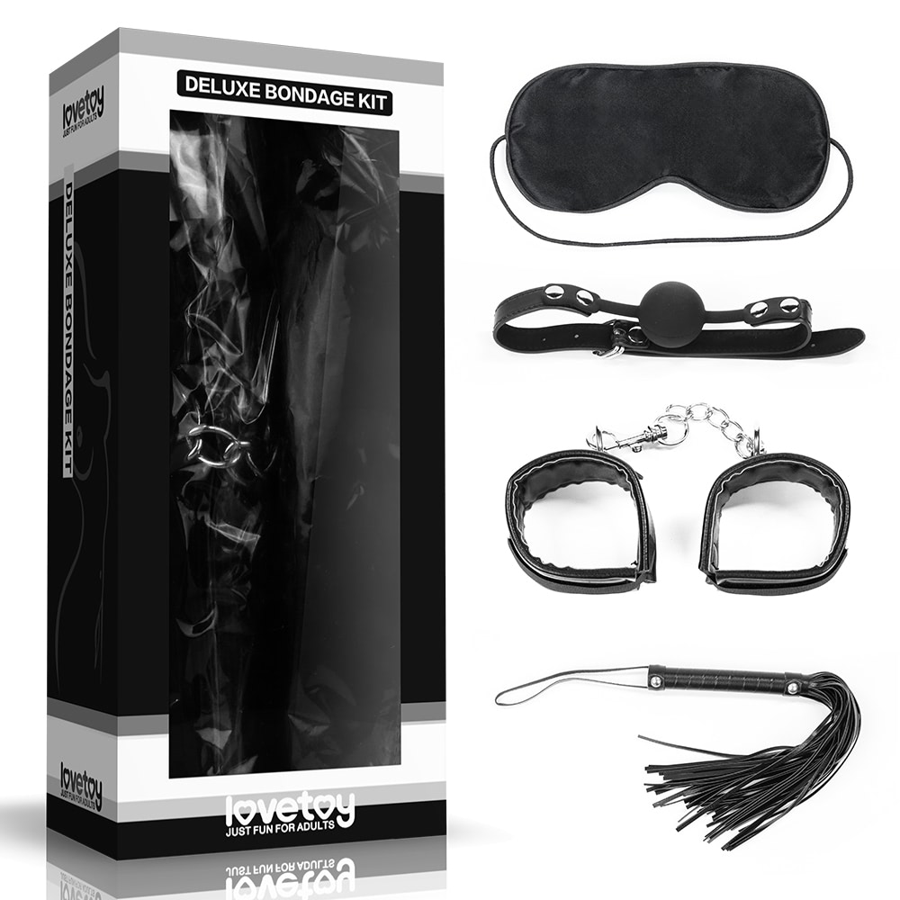 Kit Bondage Luxo com 4 peças - Algema, mordaça, venda e chicote